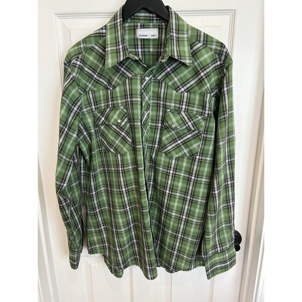 Wrangler Wrancher Mens Med Green Plaid Western Pearl Snap Long Sleeve Shirt